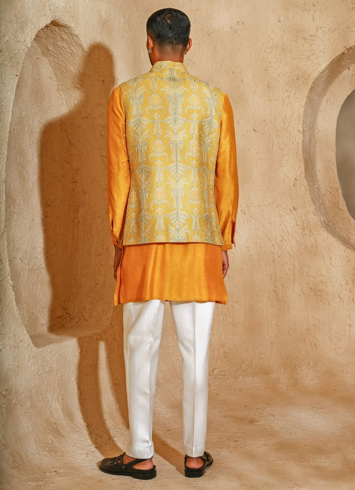 Mustard Yellow Cotton Silk Kurta Jacket Set Chatenya Mittal - Fabilicious Fashion