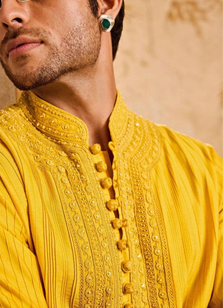 Mustard Yellow Cotton Silk Pintucked Kurta Set Nitika Gujral - Men - Fabilicious Fashion