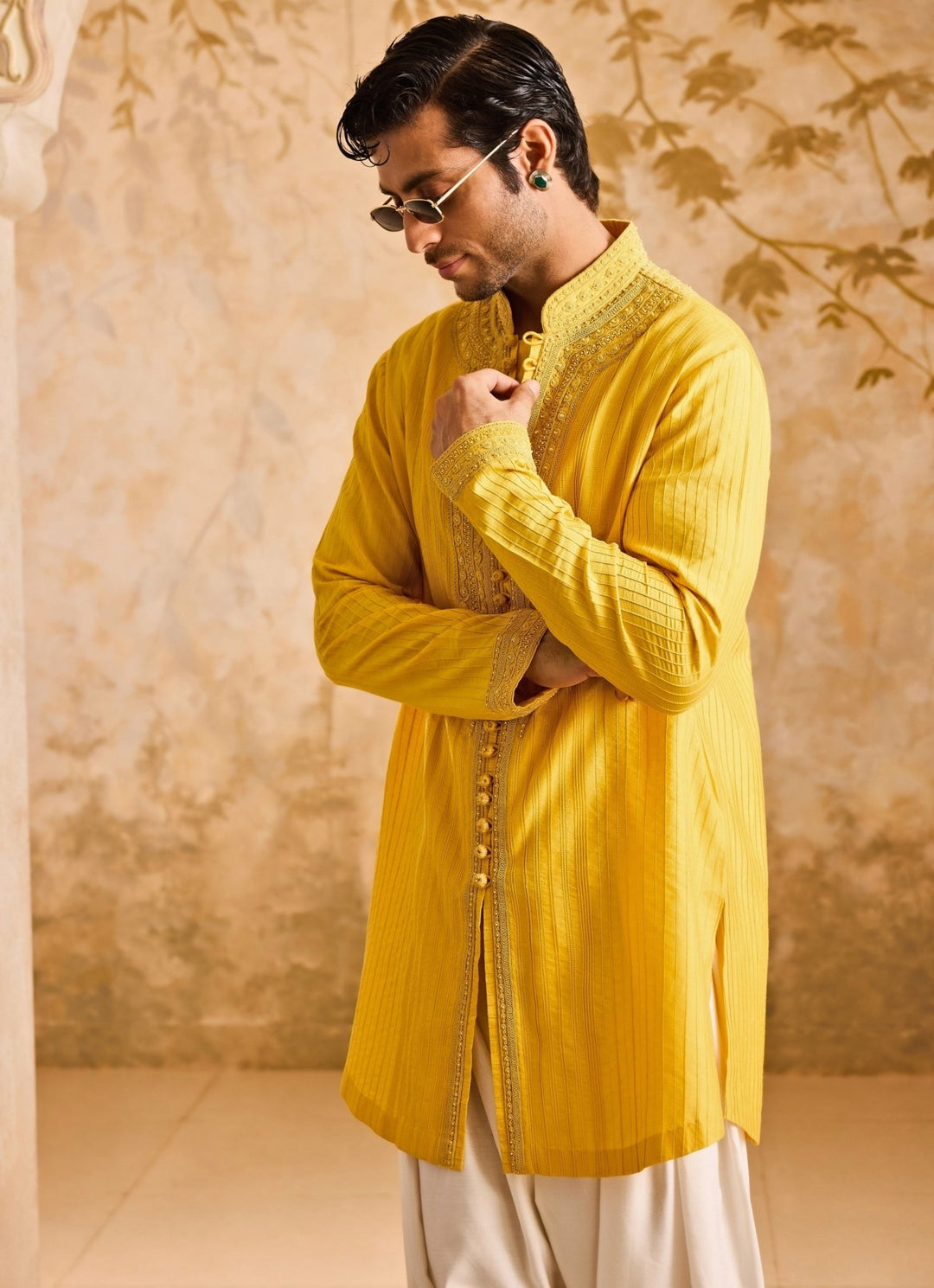 Mustard Yellow Cotton Silk Pintucked Kurta Set Nitika Gujral - Men - Fabilicious Fashion