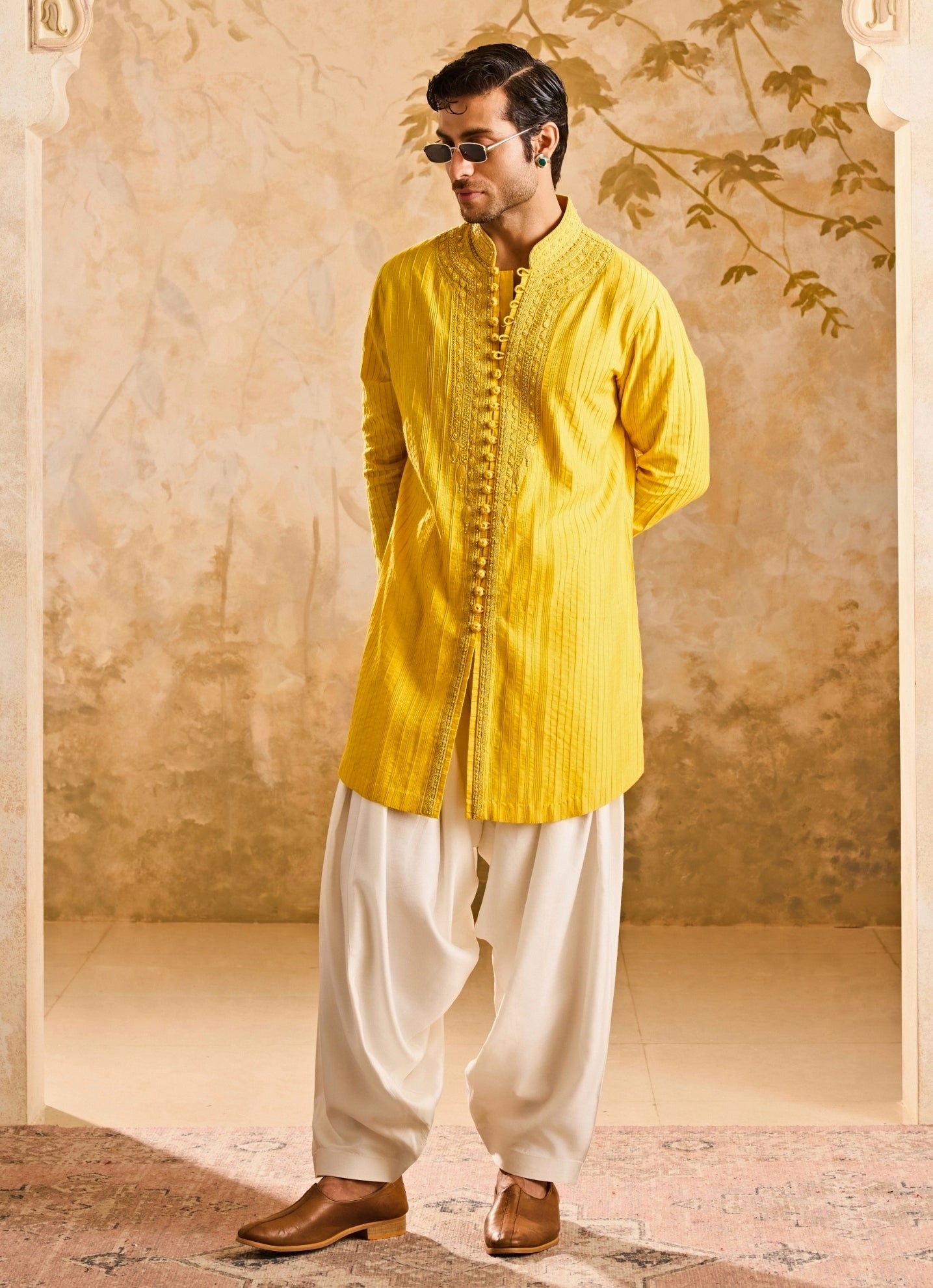 Mustard yellow cotton silk kurta set — bold holi outfit for men