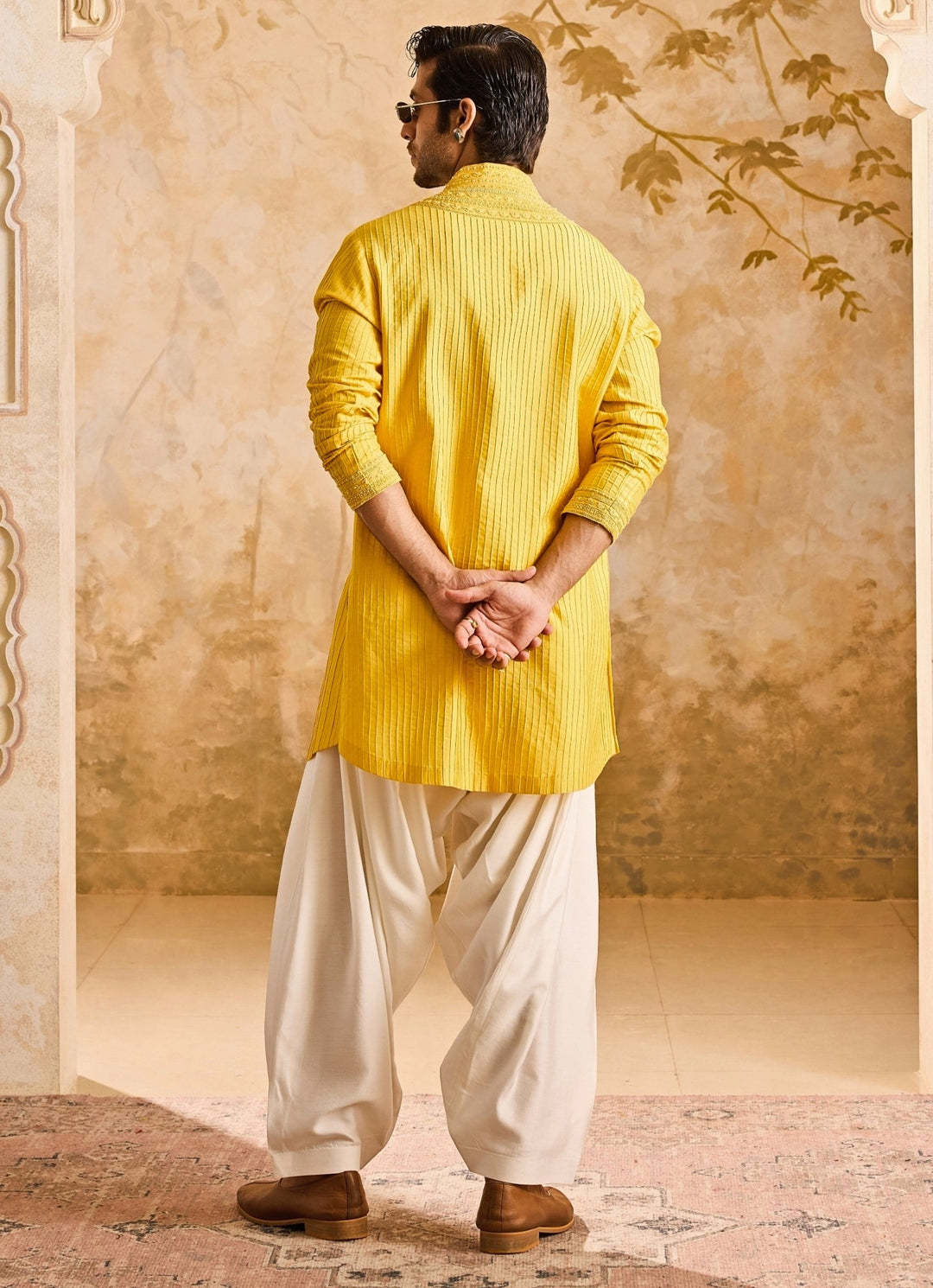 Mustard Yellow Cotton Silk Pintucked Kurta Set Nitika Gujral - Men - Fabilicious Fashion