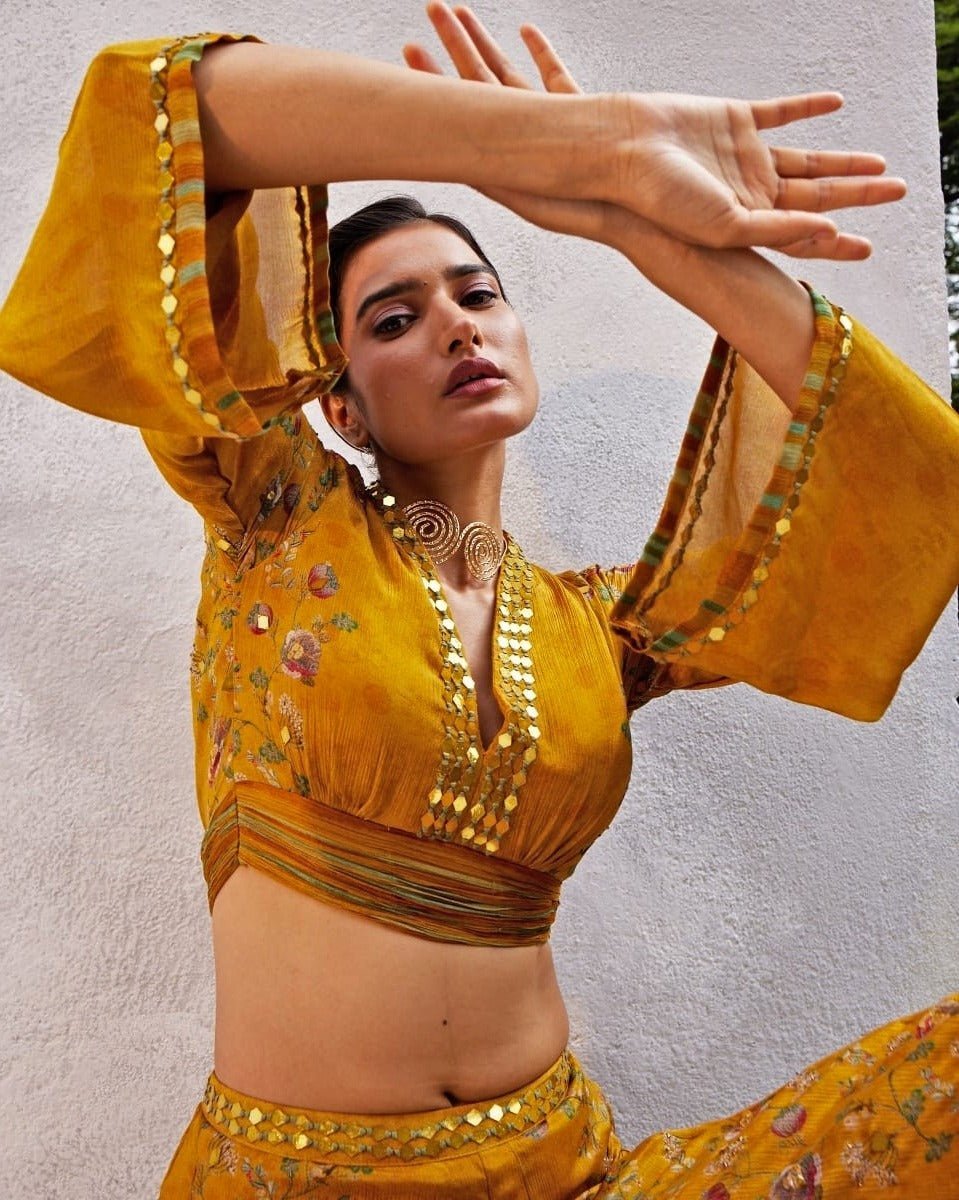 Mustard Yellow Embellished Chiffon Pant Set Basil Leaf - Fabilicious Fashion