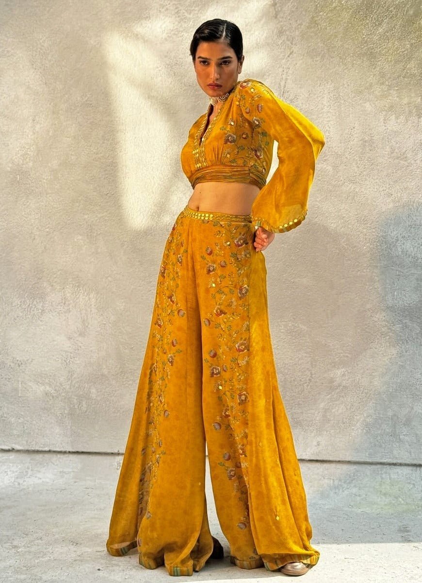 Mustard Yellow Embellished Chiffon Pant Set Basil Leaf - Fabilicious Fashion