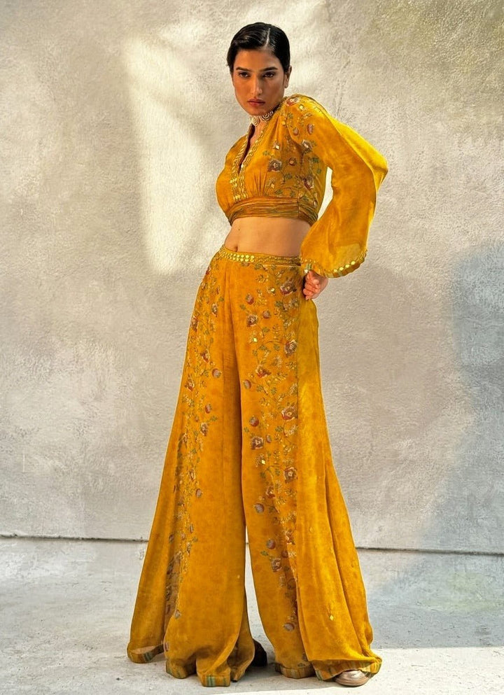 Mustard Yellow Embellished Chiffon Pant Set Basil Leaf - Fabilicious Fashion