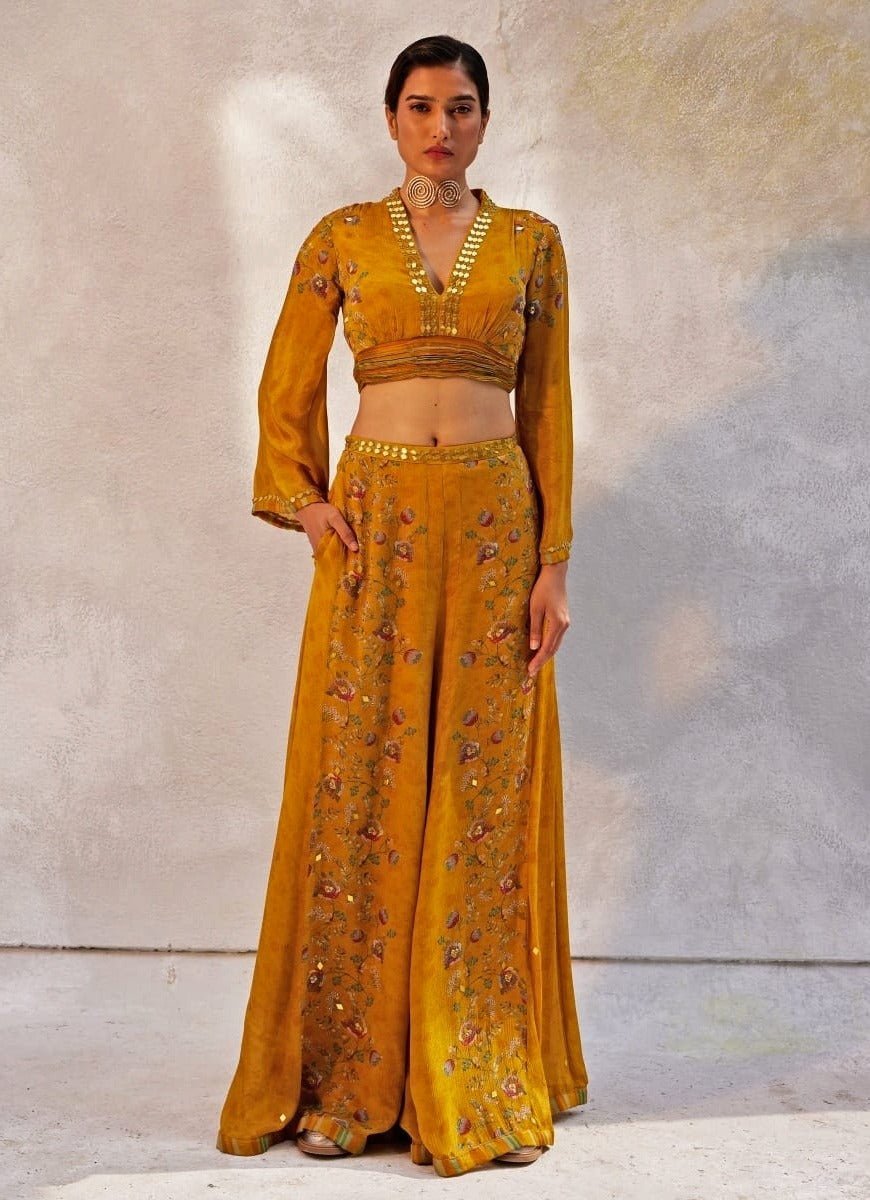 Mustard Yellow Embellished Chiffon Pant Set Basil Leaf - Fabilicious Fashion