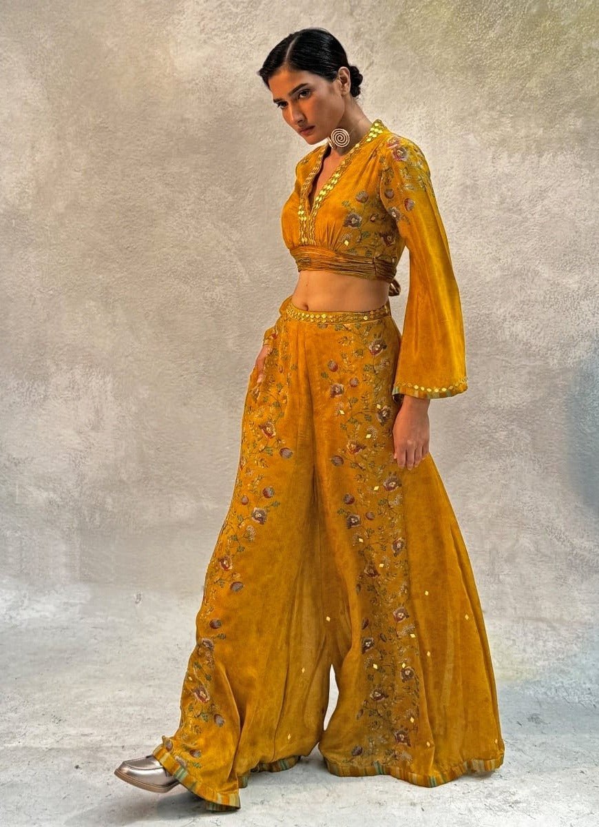 Mustard Yellow Embellished Chiffon Pant Set Basil Leaf - Fabilicious Fashion