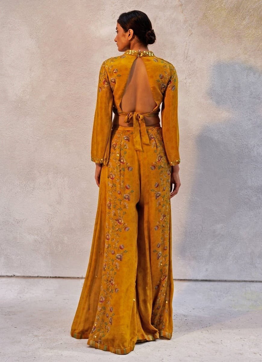 Mustard Yellow Embellished Chiffon Pant Set Basil Leaf - Fabilicious Fashion