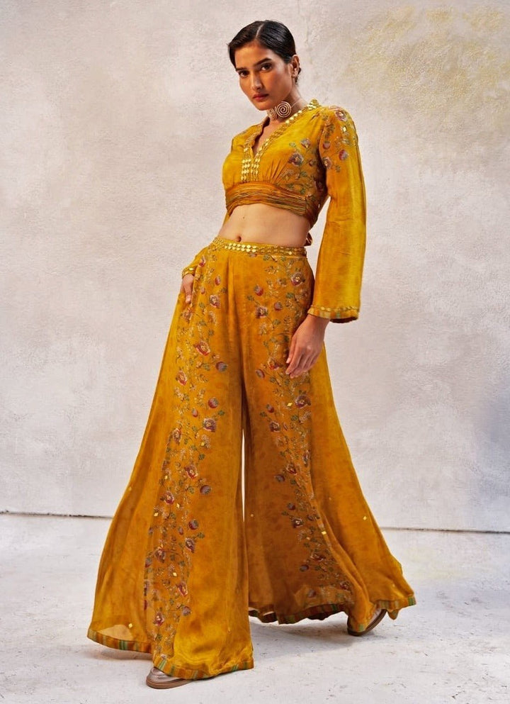 Mustard Yellow Embellished Chiffon Pant Set Basil Leaf - Fabilicious Fashion