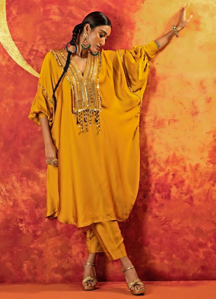 Mustard Yellow Embroidered Anti - Fit Kurta With Pants Prahnaaya - Fabilicious Fashion