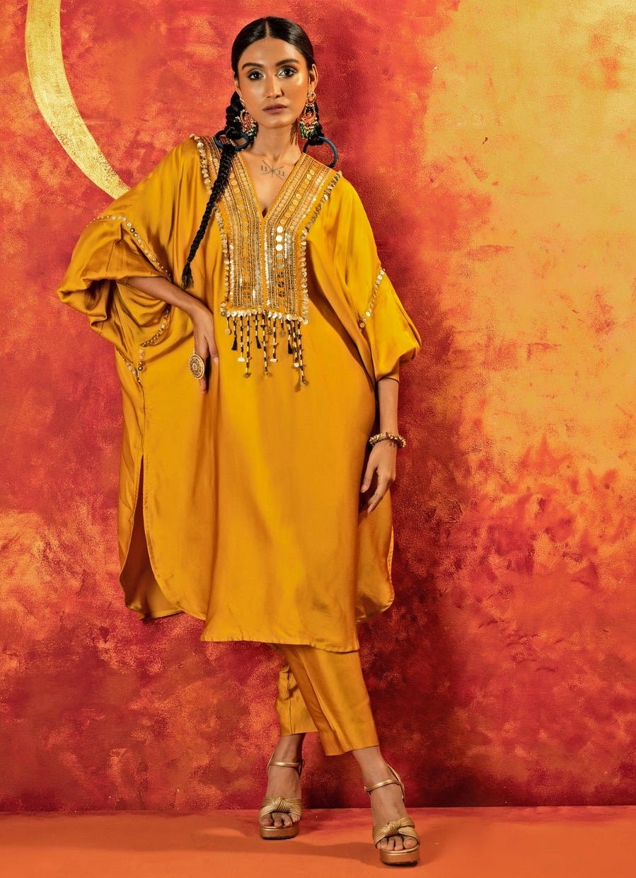 Mustard Yellow Embroidered Anti - Fit Kurta With Pants Prahnaaya - Fabilicious Fashion