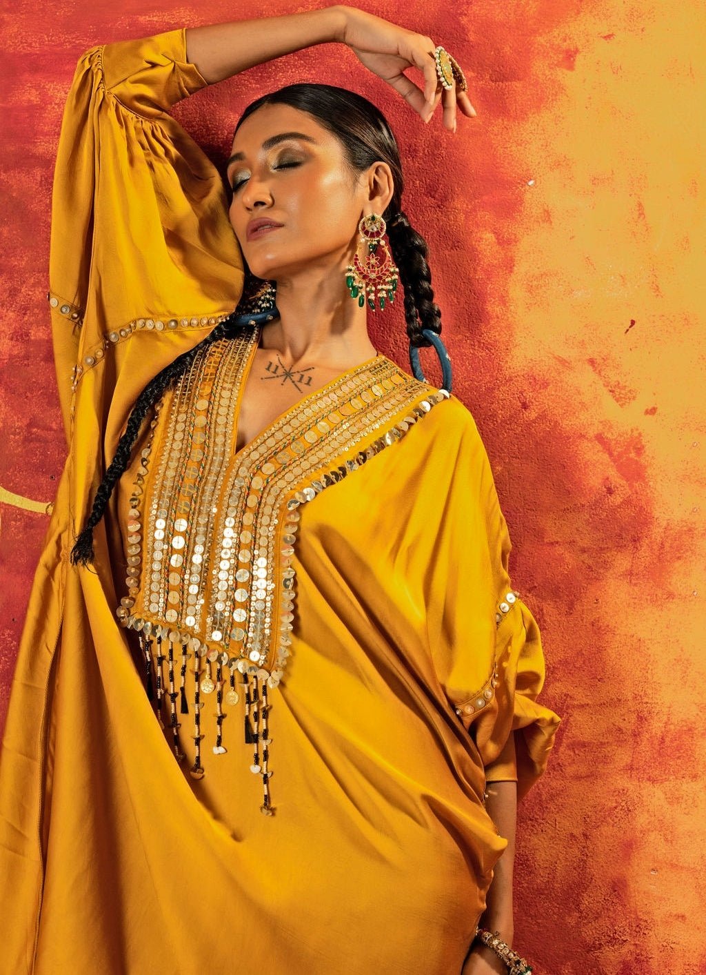 Mustard Yellow Embroidered Anti - Fit Kurta With Pants Prahnaaya - Fabilicious Fashion
