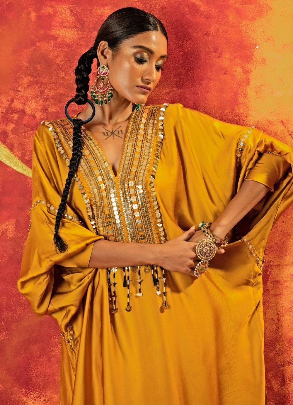 Mustard Yellow Embroidered Anti - Fit Kurta With Pants Prahnaaya - Fabilicious Fashion