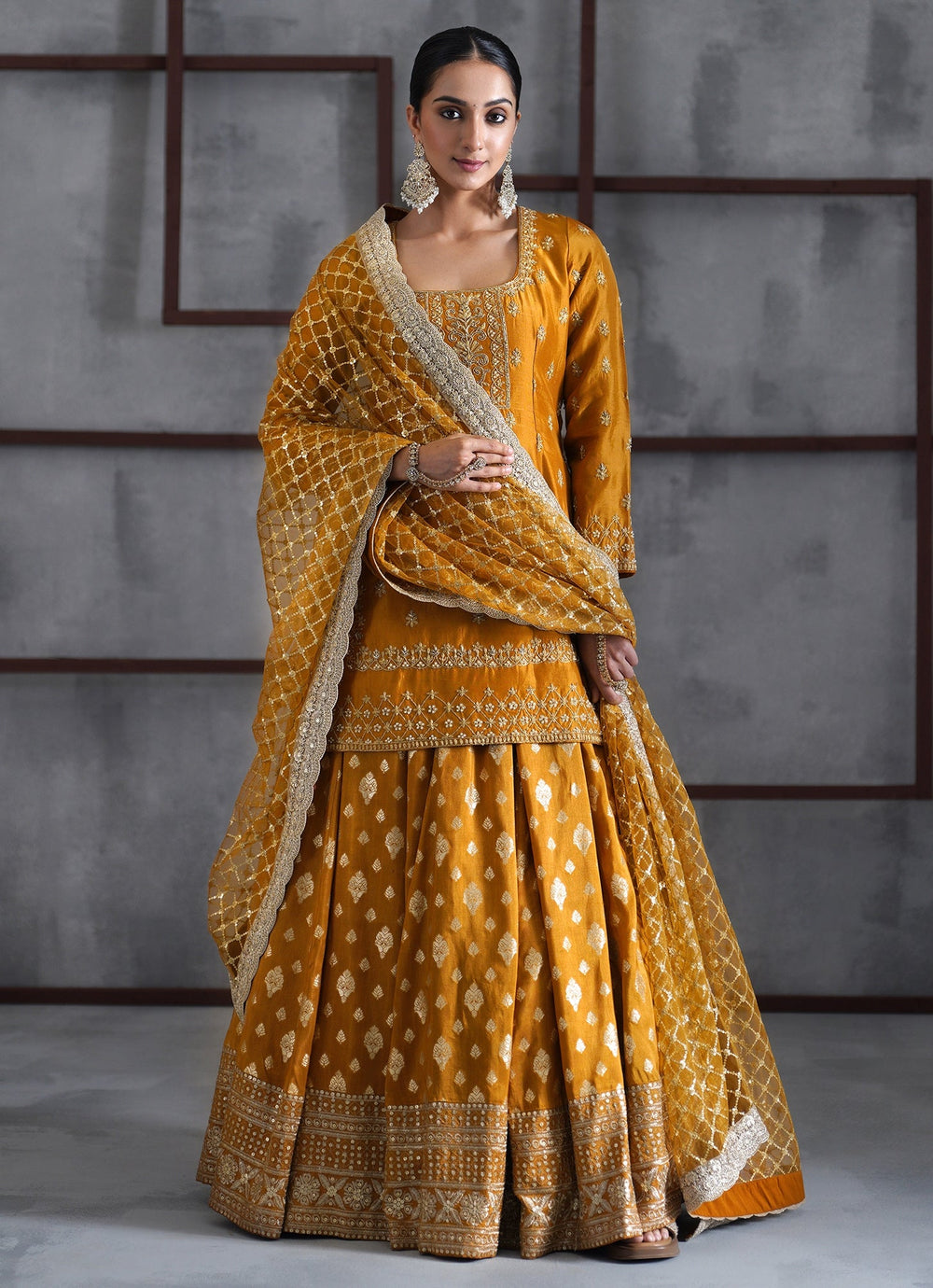 Mustard Yellow Embroidered Banarasi Kurta Lehenga Set Deepika Chadha - Fabilicious Fashion