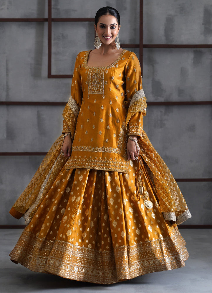 Mustard Yellow Embroidered Banarasi Kurta Lehenga Set Deepika Chadha - Fabilicious Fashion