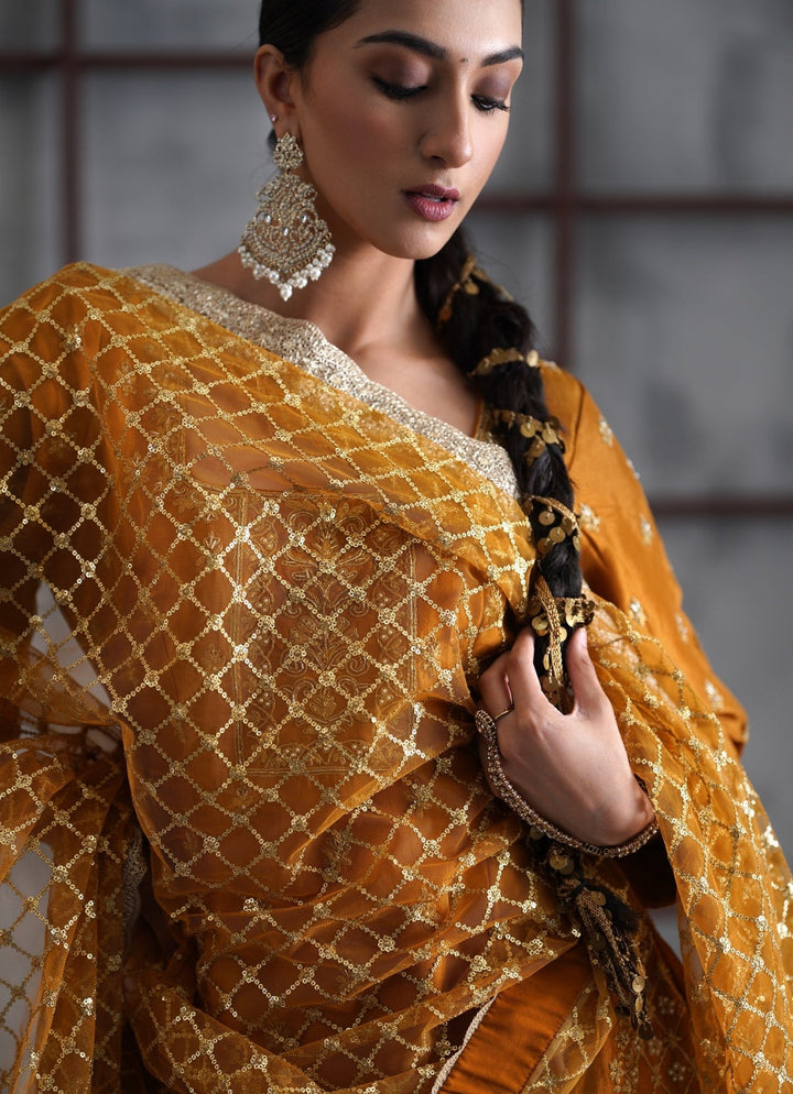 Mustard Yellow Embroidered Banarasi Kurta Lehenga Set Deepika Chadha - Fabilicious Fashion