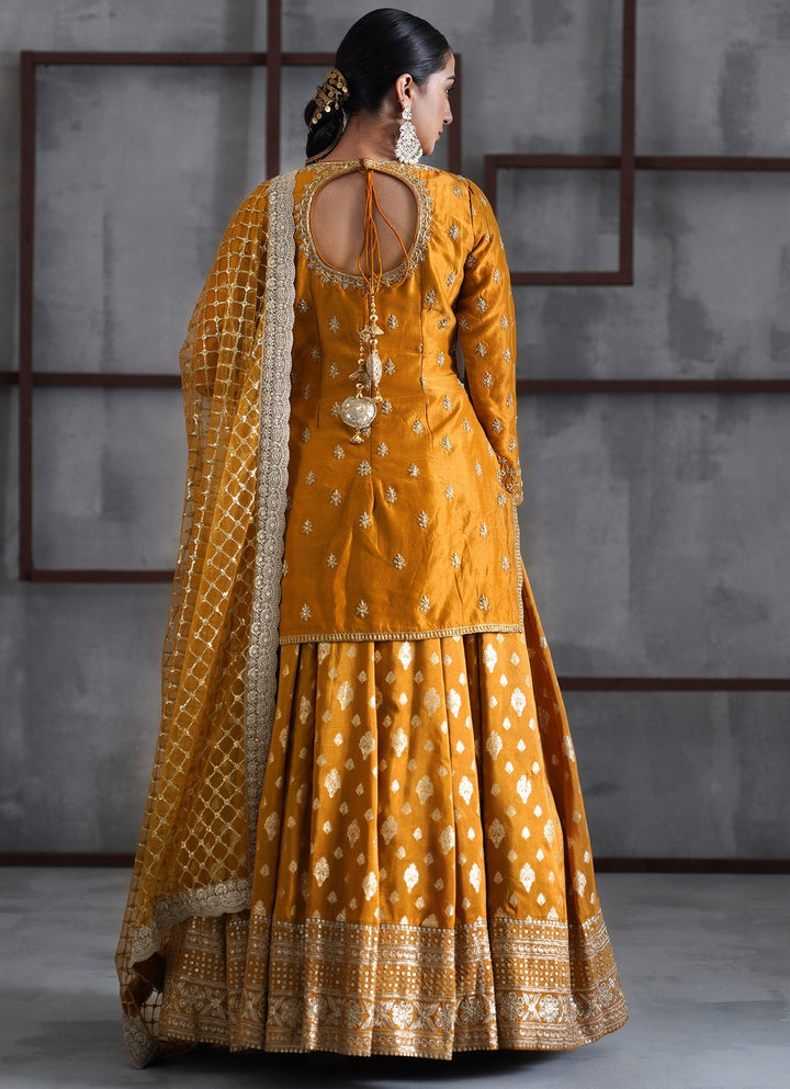 Mustard Yellow Embroidered Banarasi Kurta Lehenga Set Deepika Chadha - Fabilicious Fashion
