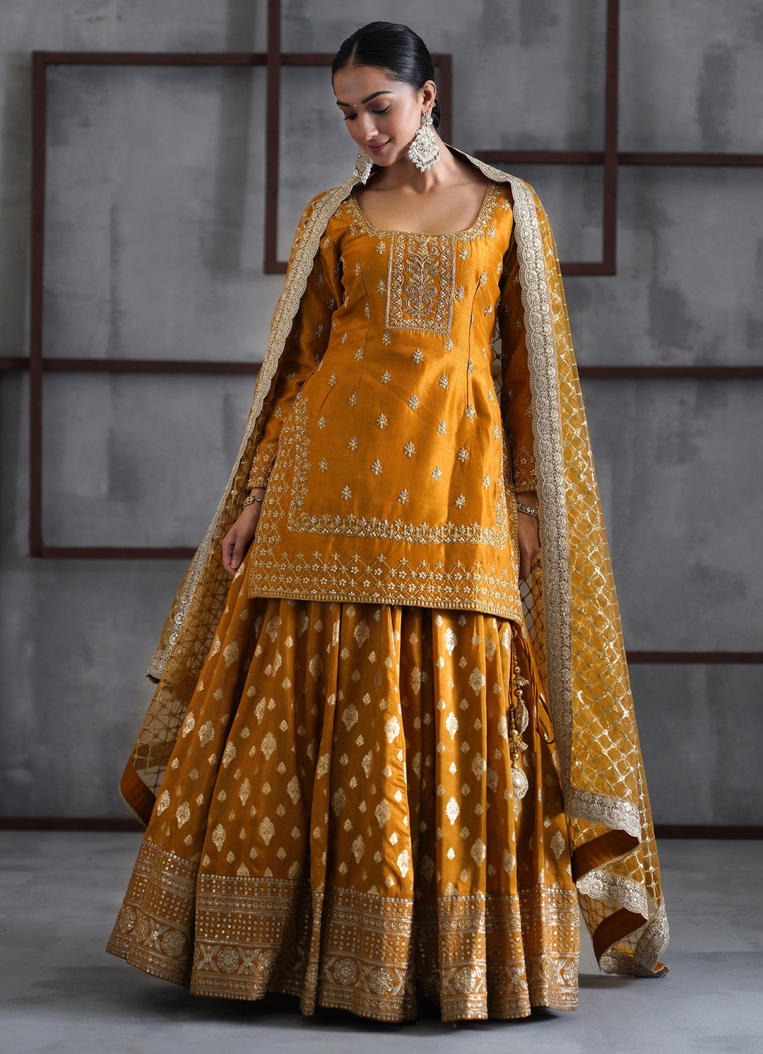 Mustard Yellow Embroidered Banarasi Kurta Lehenga Set Deepika Chadha - Fabilicious Fashion