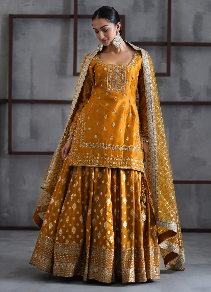 Mustard Yellow Embroidered Banarasi Kurta Lehenga Set Deepika Chadha - Fabilicious Fashion