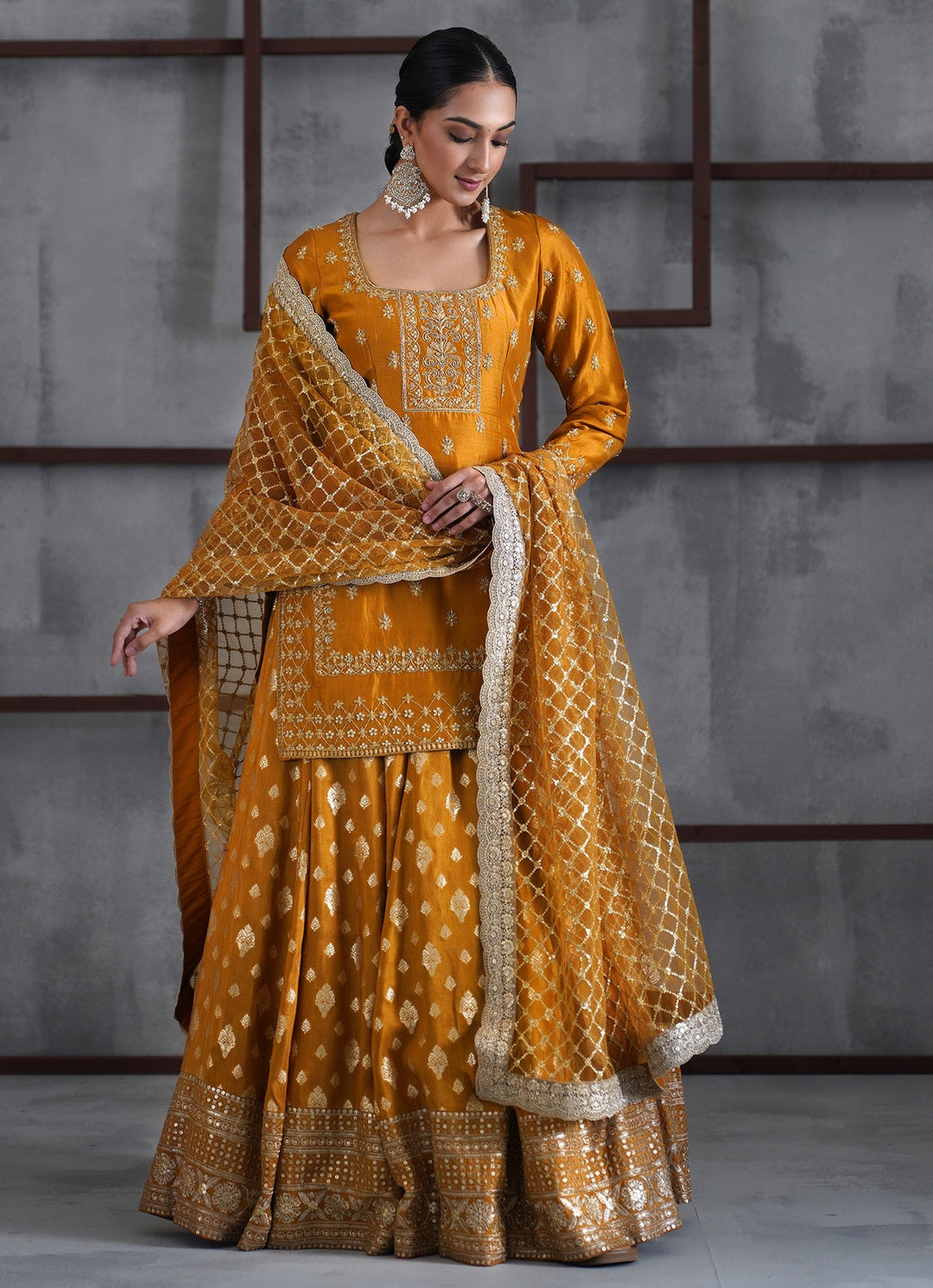 Mustard Yellow Embroidered Banarasi Kurta Lehenga Set Deepika Chadha - Fabilicious Fashion
