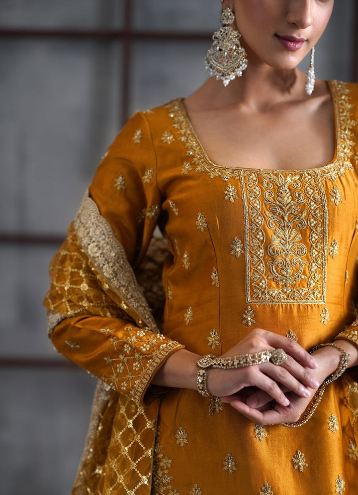 Mustard Yellow Embroidered Banarasi Kurta Lehenga Set Deepika Chadha - Fabilicious Fashion