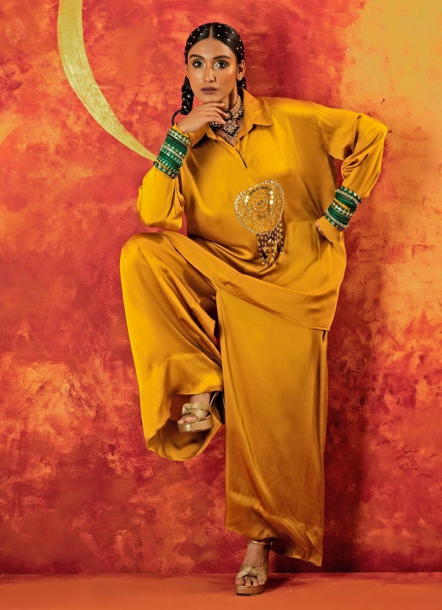Mustard Yellow Embroidered Co - Ord Set Prahnaaya - Fabilicious Fashion