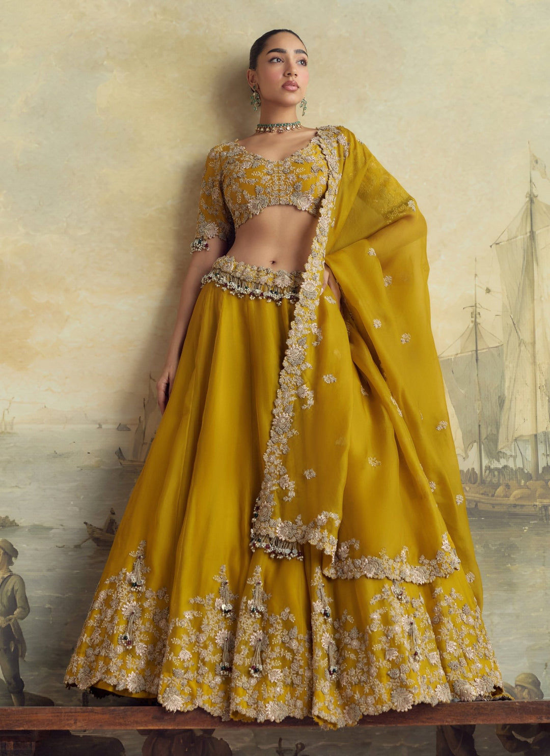 Prisho Mustard Yellow Embroidered Dupion Silk Lehenga SetFabilicious Fashion