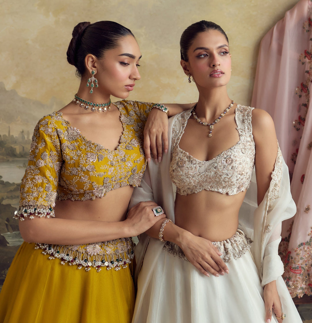 Prisho Mustard Yellow Embroidered Dupion Silk Lehenga SetFabilicious Fashion