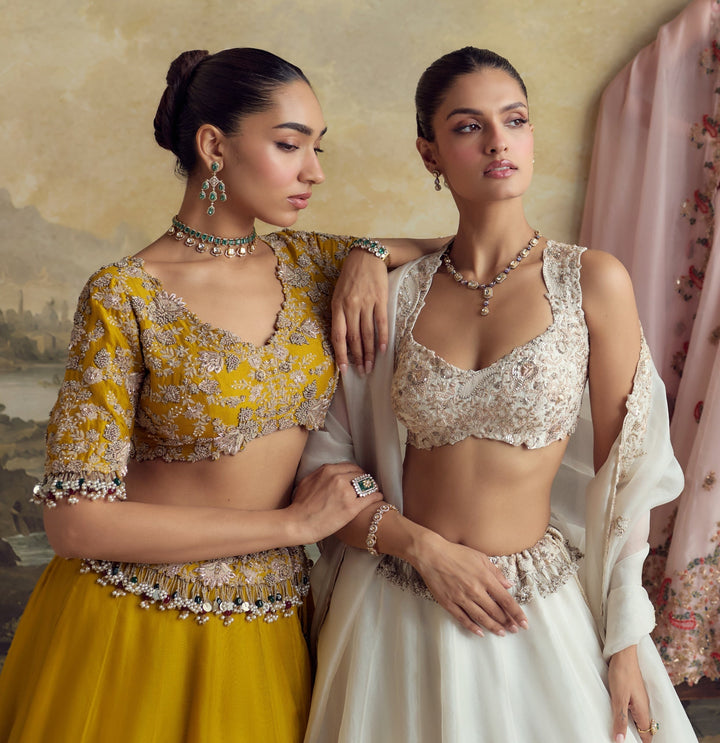 Prisho Mustard Yellow Embroidered Dupion Silk Lehenga SetFabilicious Fashion
