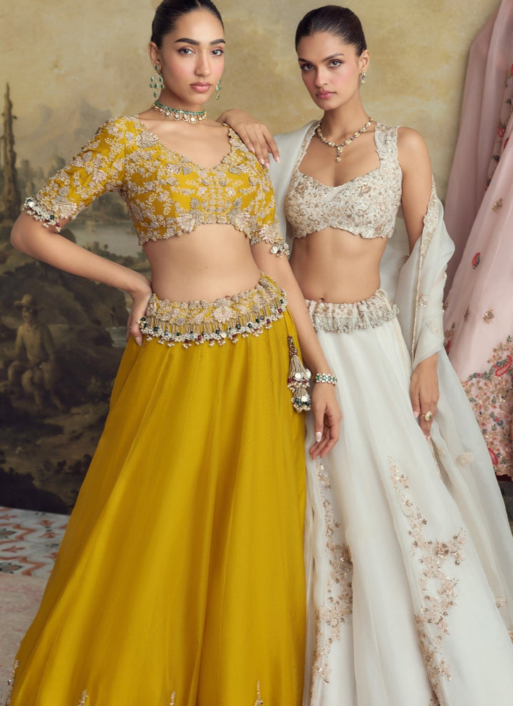 Prisho Mustard Yellow Embroidered Dupion Silk Lehenga SetFabilicious Fashion