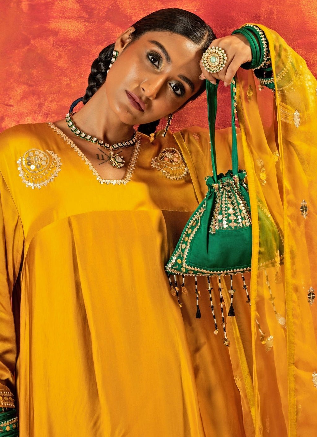 Mustard Yellow Embroidered High - Low Kurta Set Prahnaaya - Fabilicious Fashion