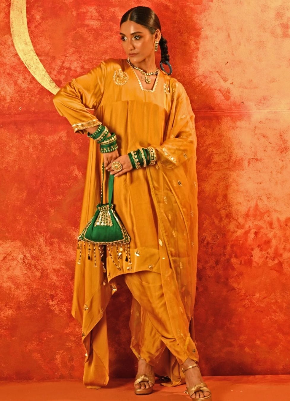 Mustard Yellow Embroidered High - Low Kurta Set Prahnaaya - Fabilicious Fashion