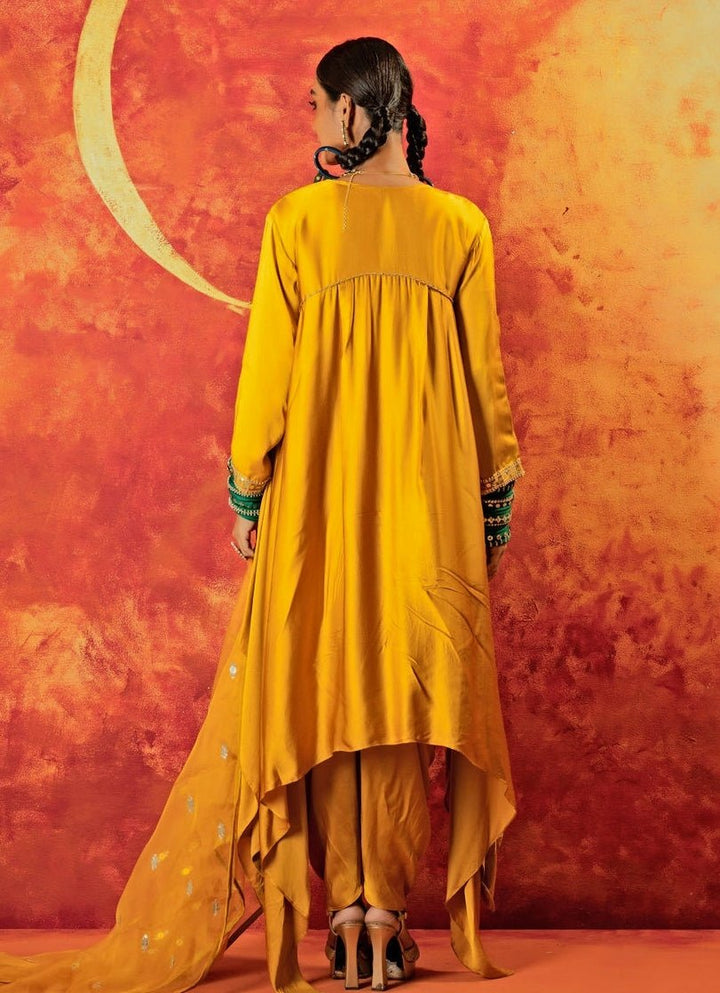 Mustard Yellow Embroidered High - Low Kurta Set Prahnaaya - Fabilicious Fashion