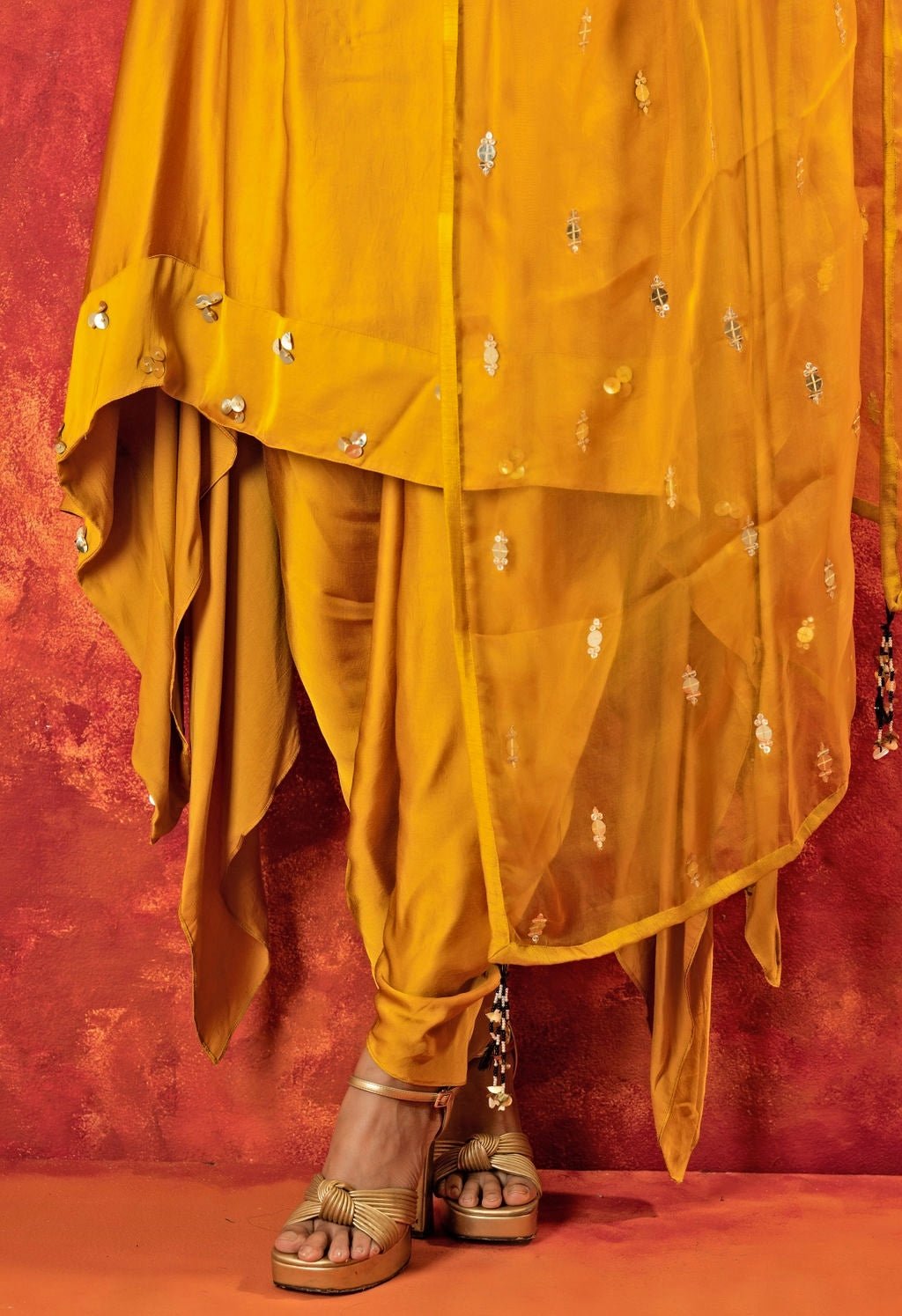 Mustard Yellow Embroidered High - Low Kurta Set Prahnaaya - Fabilicious Fashion