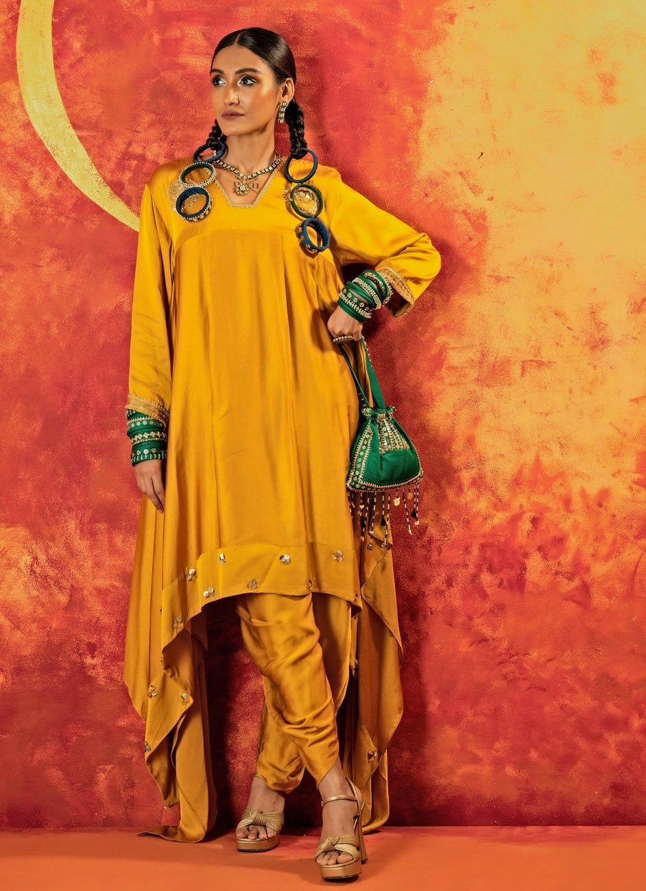 Mustard Yellow Embroidered High - Low Kurta Set Prahnaaya - Fabilicious Fashion