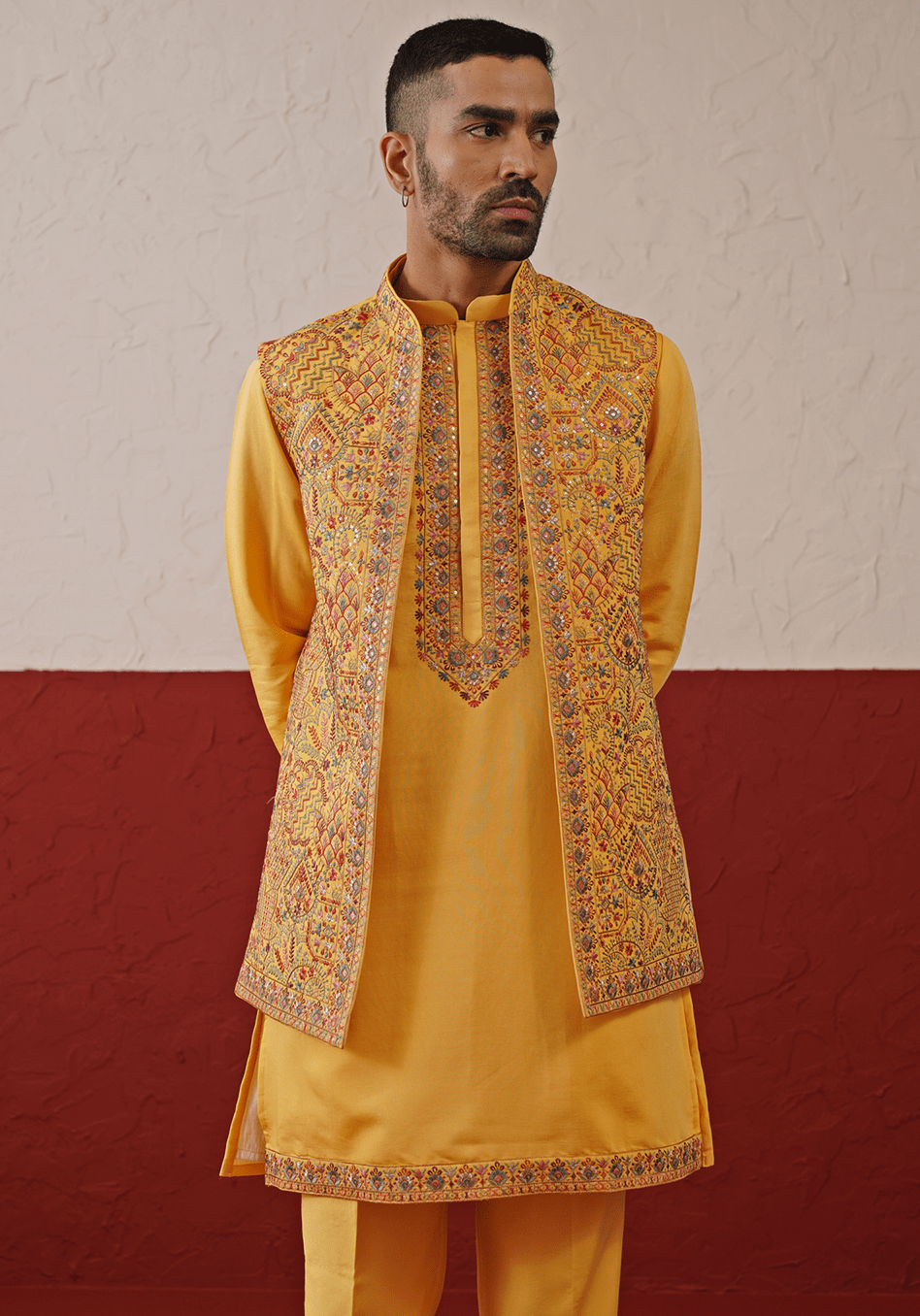 Mustard Yellow Embroidered Jacket Kurta Set Kalpraag - Fabilicious Fashion
