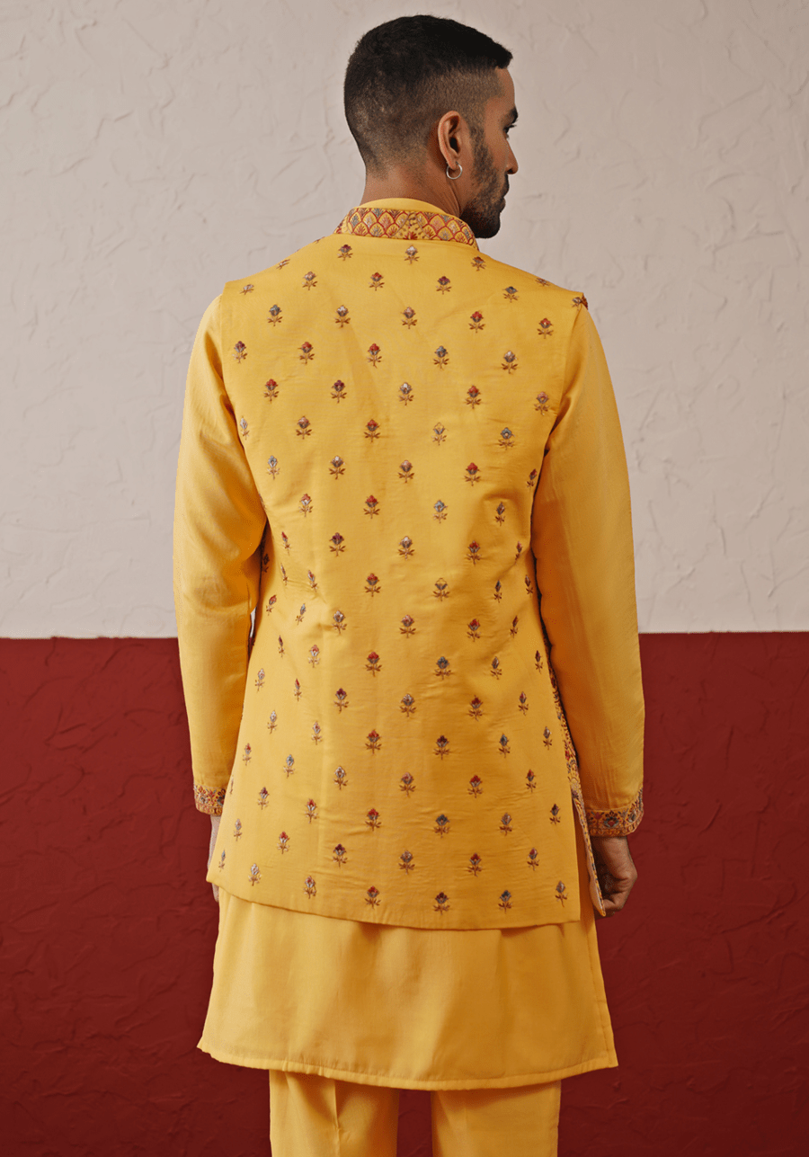 Mustard Yellow Embroidered Jacket Kurta Set Kalpraag - Fabilicious Fashion