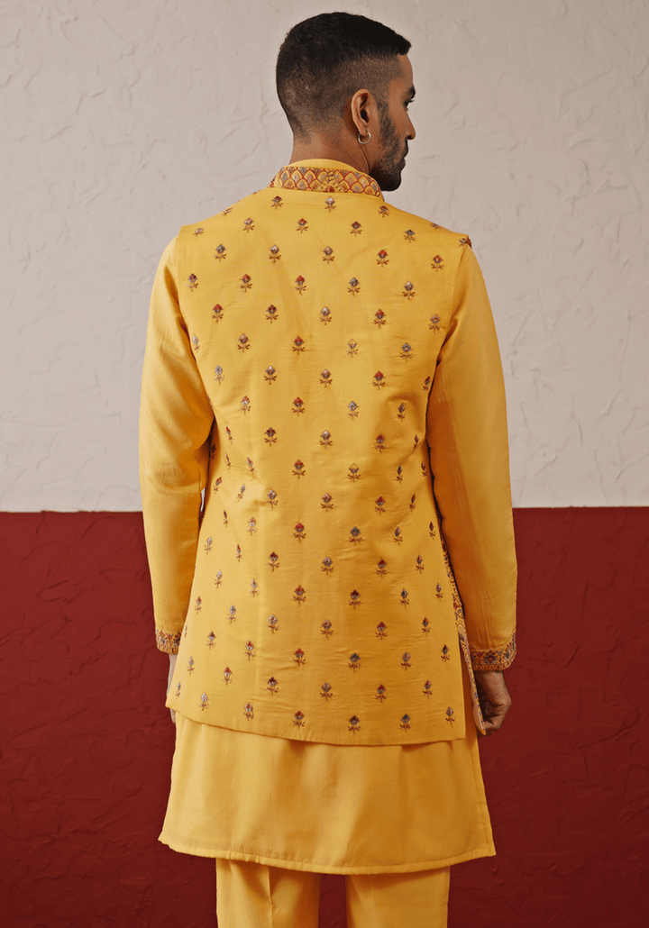 Mustard Yellow Embroidered Jacket Kurta Set Kalpraag - Fabilicious Fashion