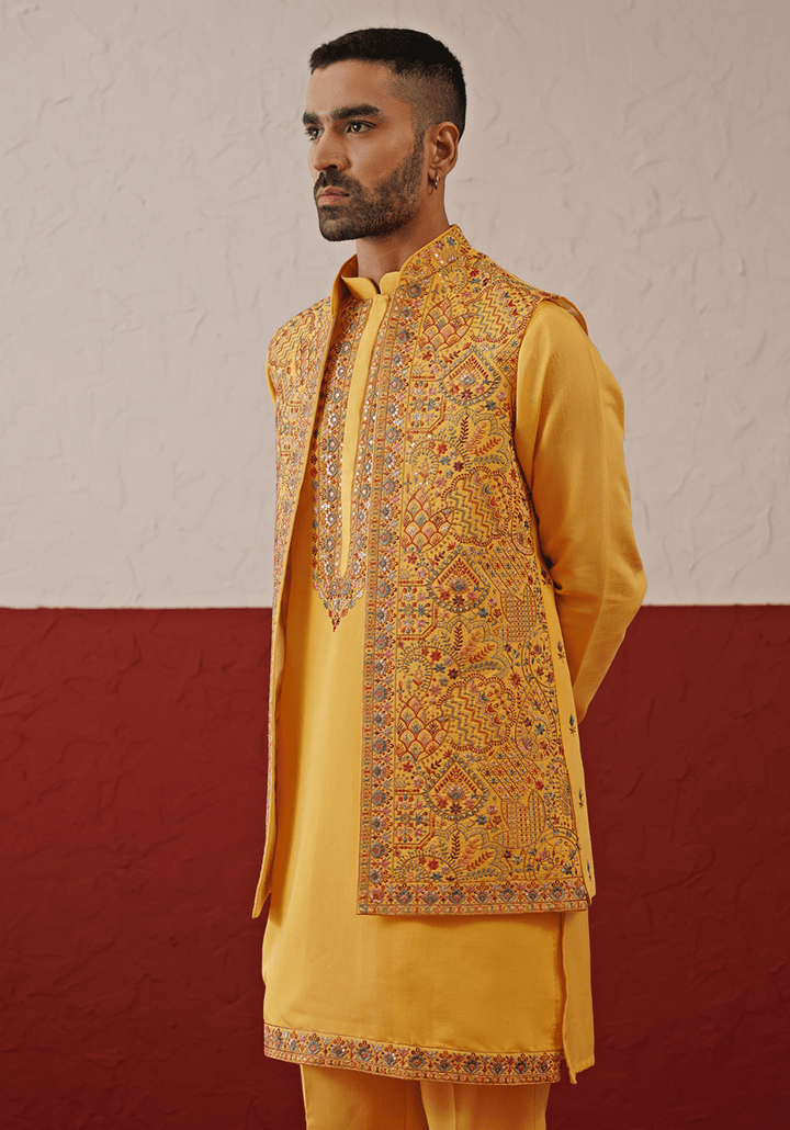 Mustard Yellow Embroidered Jacket Kurta Set Kalpraag - Fabilicious Fashion