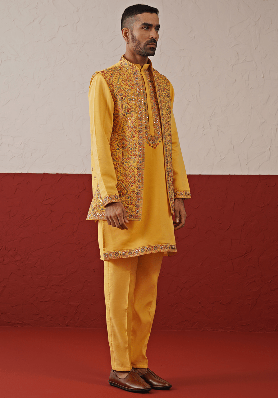 Mustard Yellow Embroidered Jacket Kurta Set Kalpraag - Fabilicious Fashion