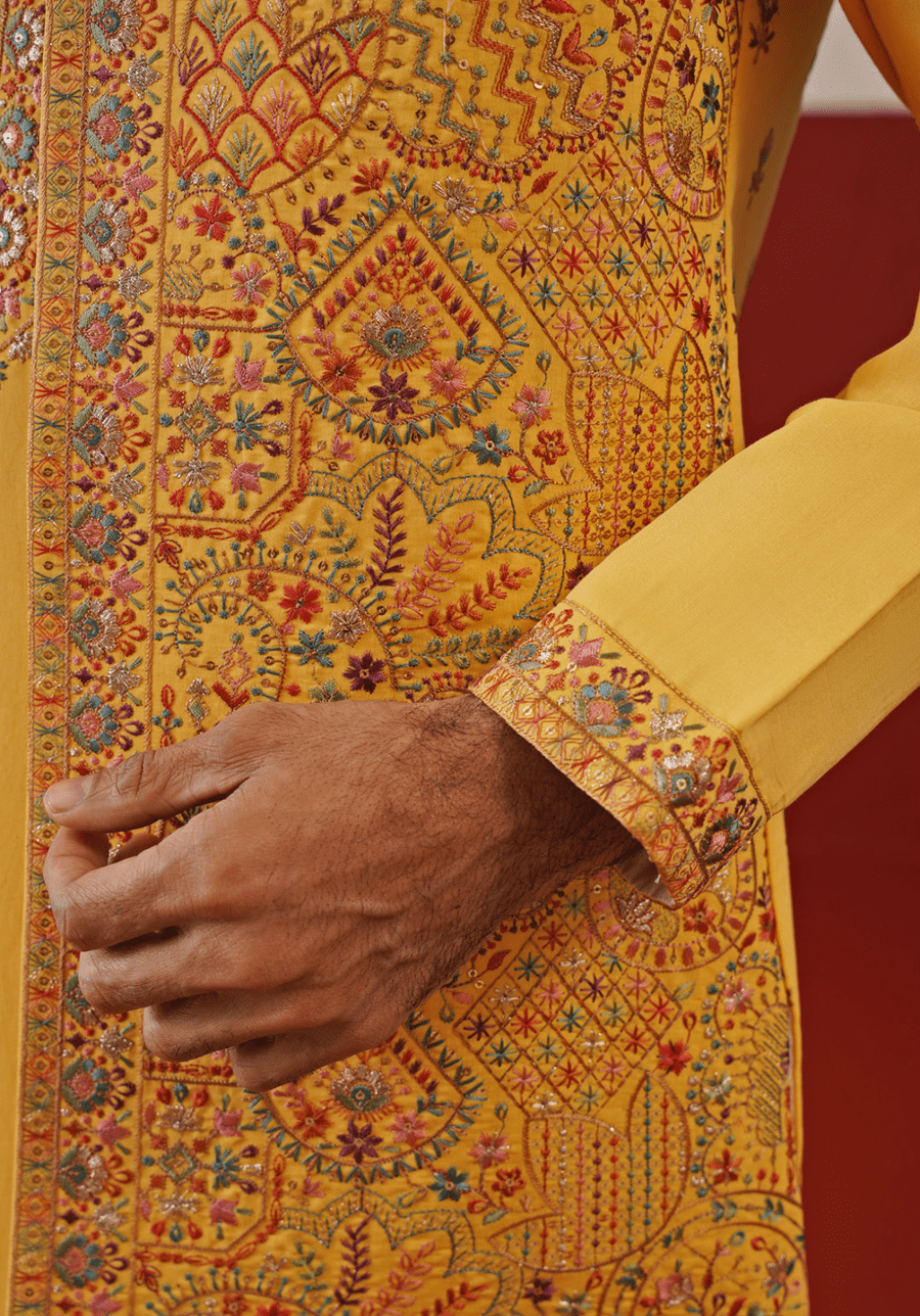 Mustard Yellow Embroidered Jacket Kurta Set Kalpraag - Fabilicious Fashion