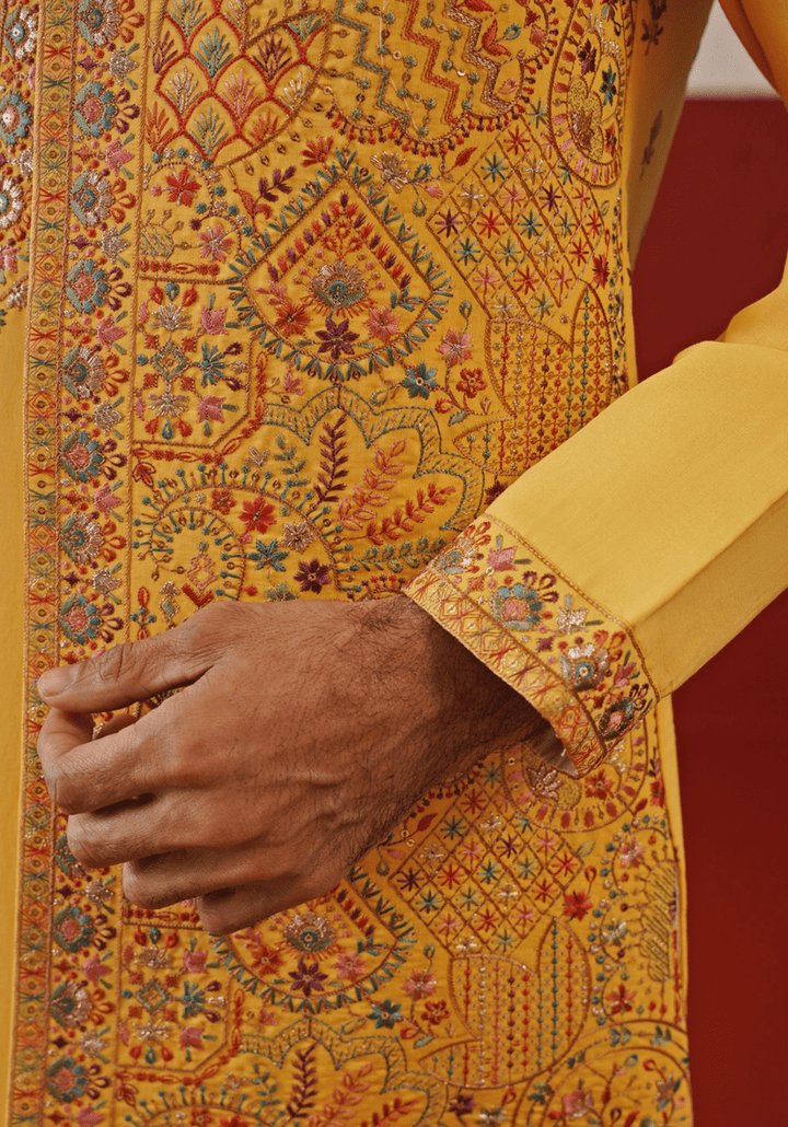 Mustard Yellow Embroidered Jacket Kurta Set Kalpraag - Fabilicious Fashion