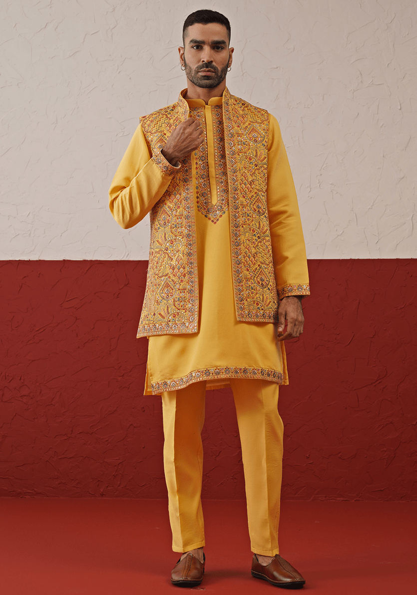 Mustard Yellow Embroidered Jacket Kurta Set Kalpraag - Fabilicious Fashion