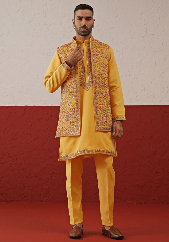 Mustard Yellow Embroidered Jacket Kurta Set Kalpraag - Fabilicious Fashion