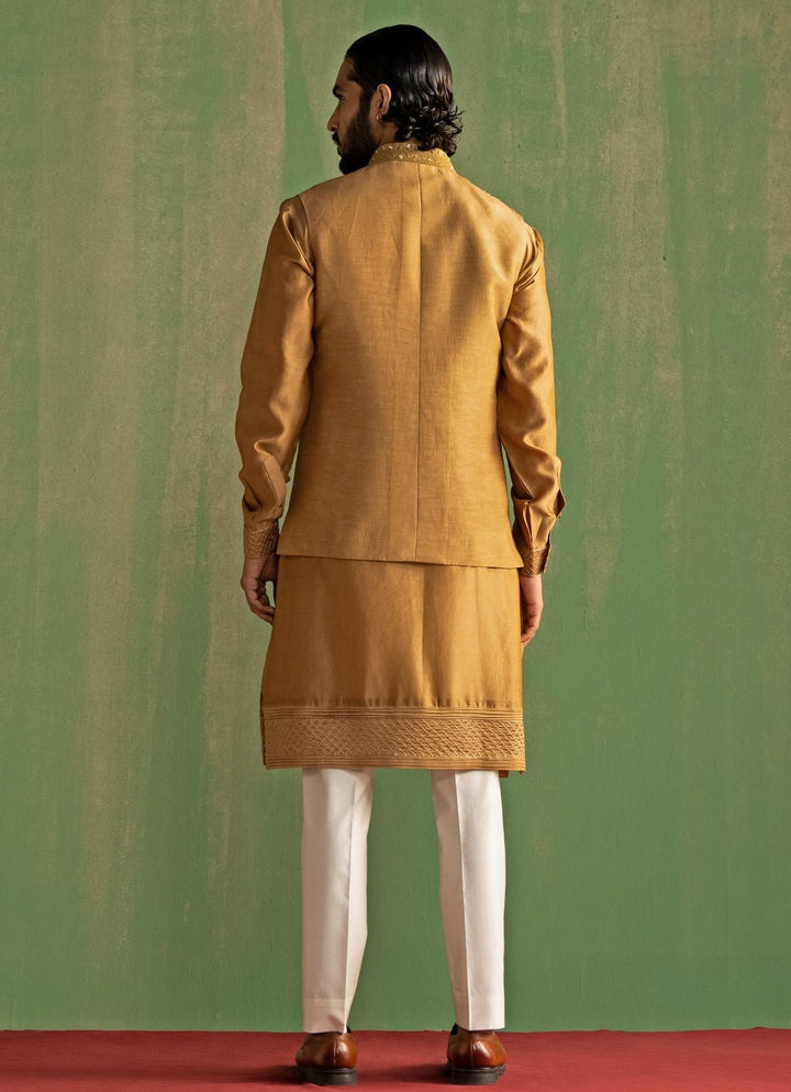 Mustard Yellow Embroidered Kurta Bundi Set Studio Bagechaa - Men - Fabilicious Fashion