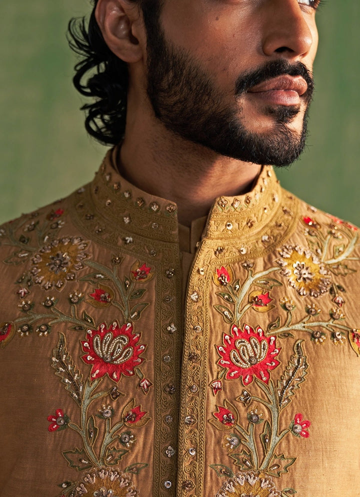 Mustard Yellow Embroidered Kurta Bundi Set Studio Bagechaa - Men - Fabilicious Fashion