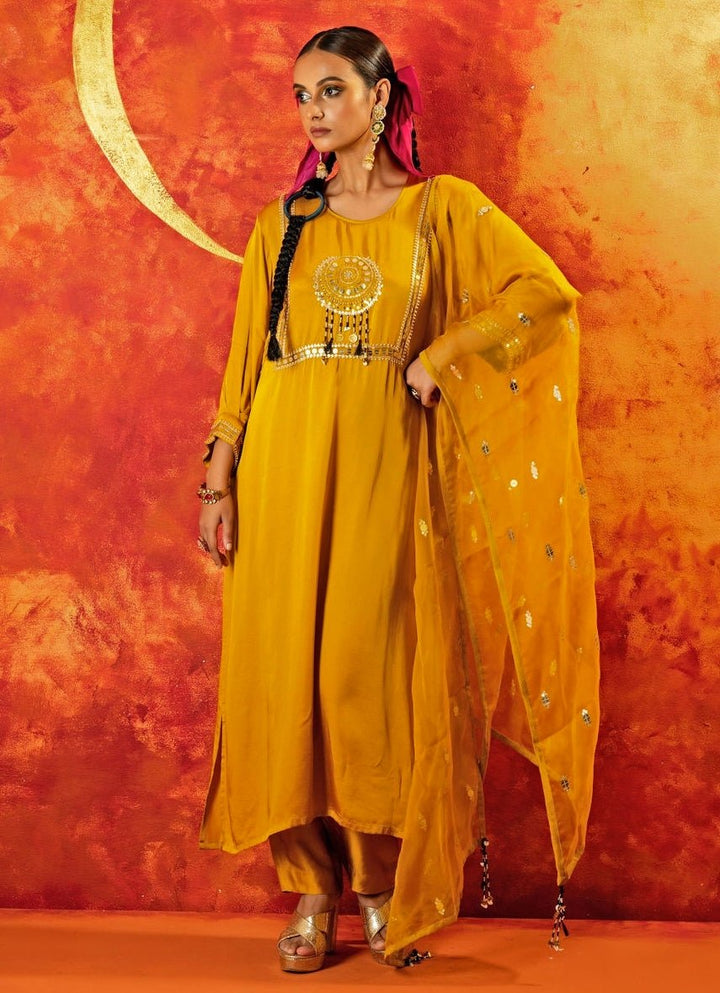 Mustard Yellow Embroidered Kurta Pant Set Prahnaaya - Fabilicious Fashion