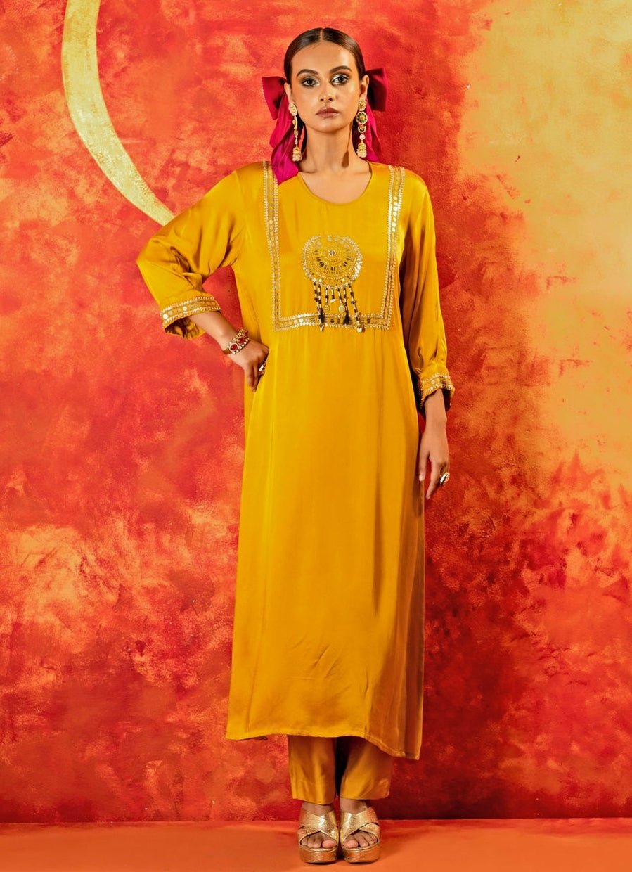 Mustard Yellow Embroidered Kurta Pant Set Prahnaaya - Fabilicious Fashion
