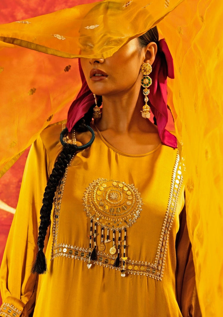 Mustard Yellow Embroidered Kurta Pant Set Prahnaaya - Fabilicious Fashion