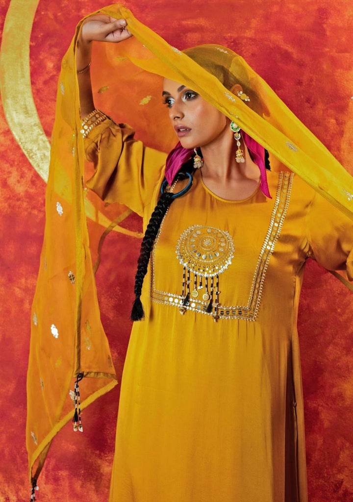 Mustard Yellow Embroidered Kurta Pant Set Prahnaaya - Fabilicious Fashion
