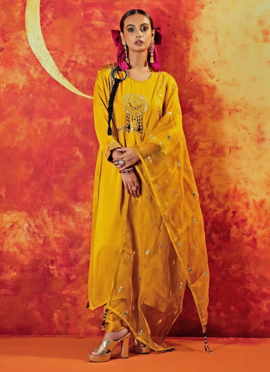 Mustard Yellow Embroidered Kurta Pant Set Prahnaaya - Fabilicious Fashion